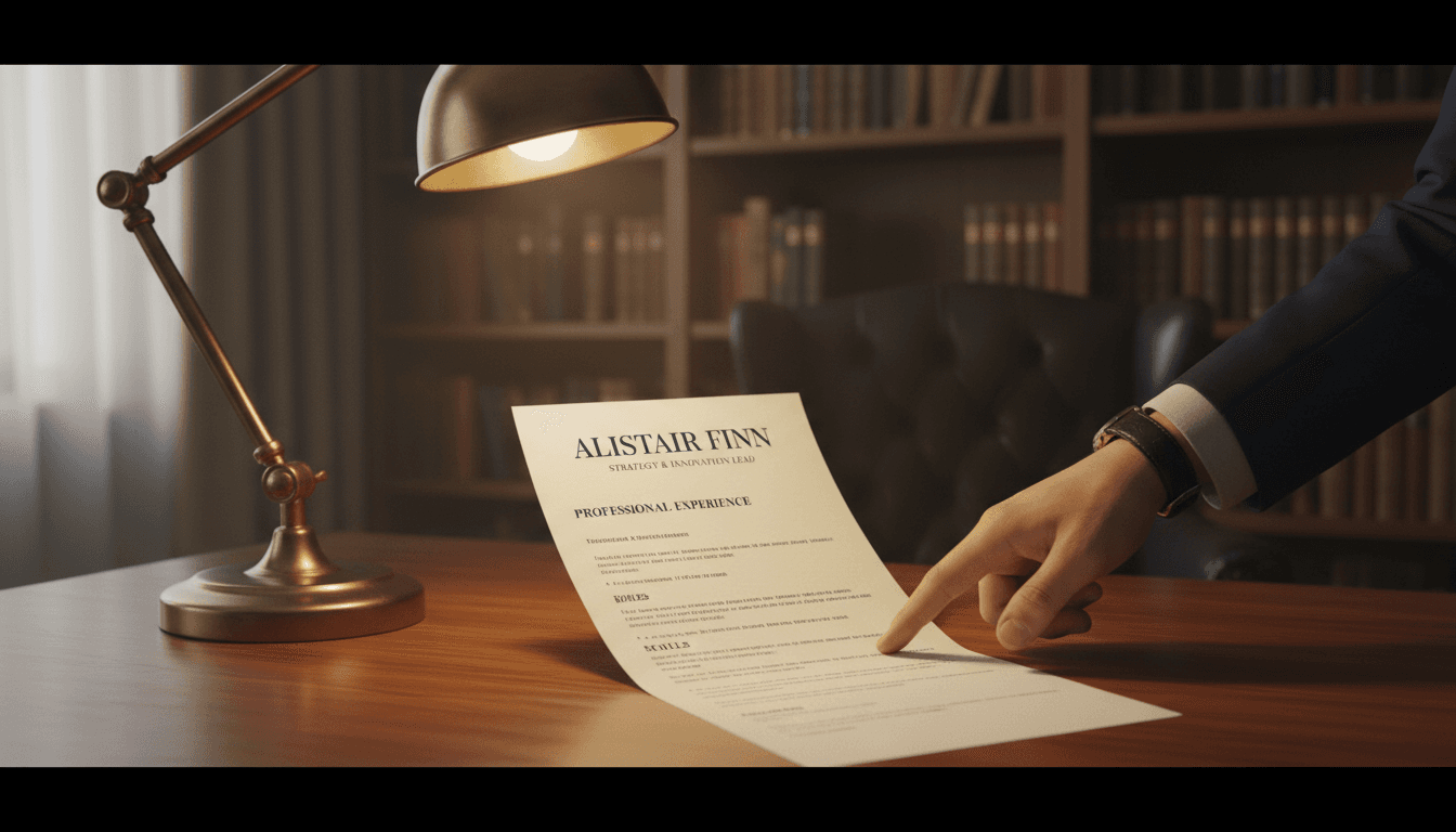 Refined resume on mahogany desk with professional hand, clean Dark Academia design under warm lamp light