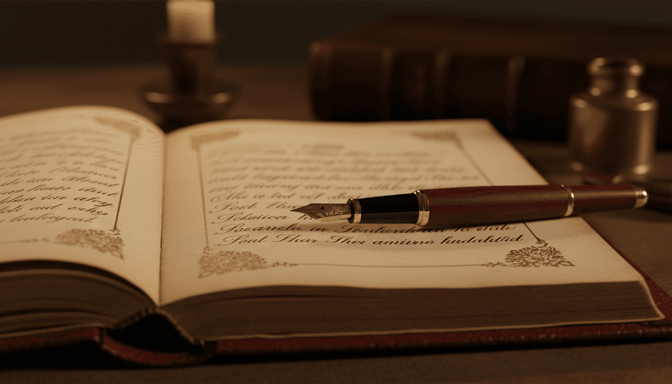 Elegant leather journal with fountain pen on cream pages, candlelit Dark Academia aesthetic