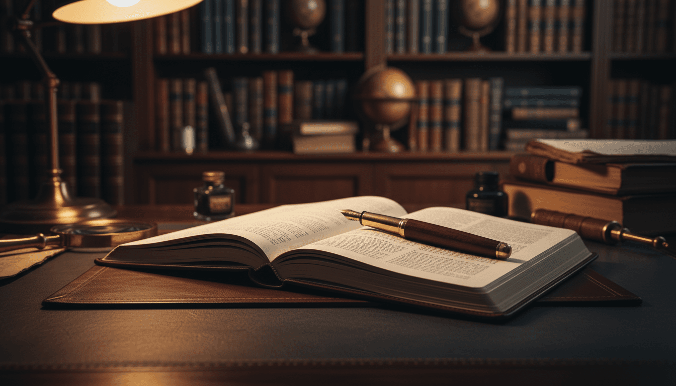 Elegant journal and fountain pen on wooden desk with warm dramatic lighting, Dark Academia aesthetic