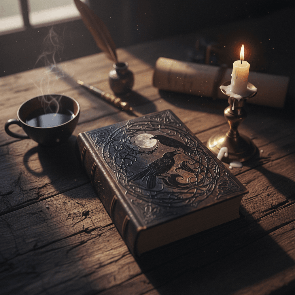 Open dark fantasy book with ornate cover beside flickering candle and tea cup on wooden desk