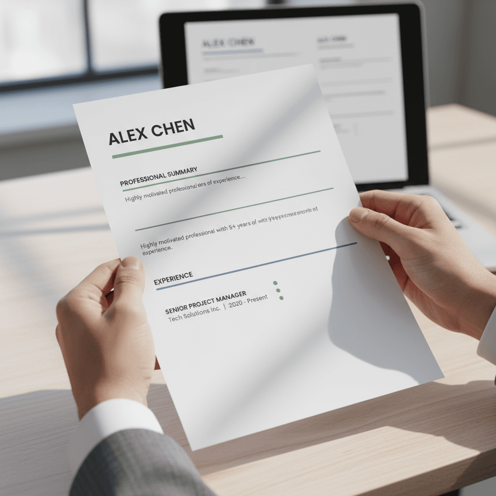 Professionally designed resume with dark academia aesthetic on cream paper